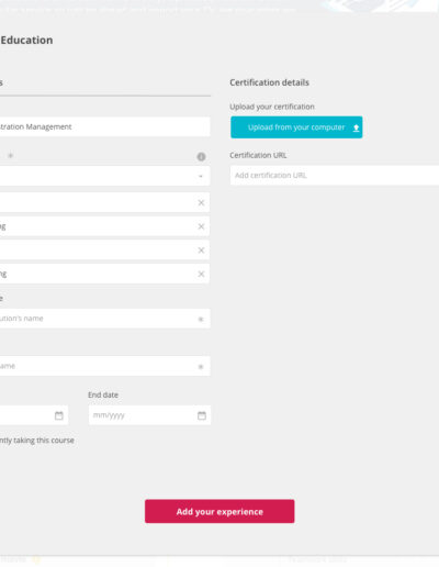 Form for the user to add their education, modal window.